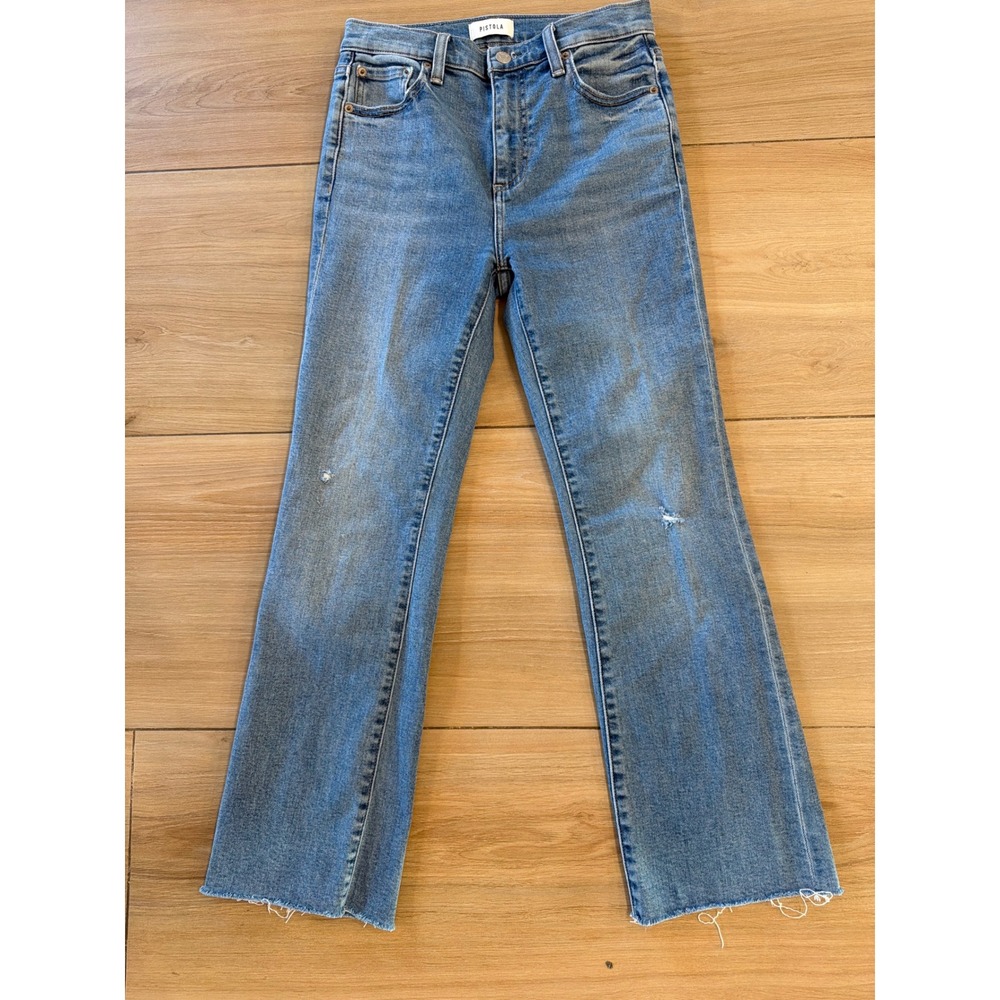 Pistola High Rise Flare Jeans Blue Medium Wash Raw Hem Distressed Size‎ 25
